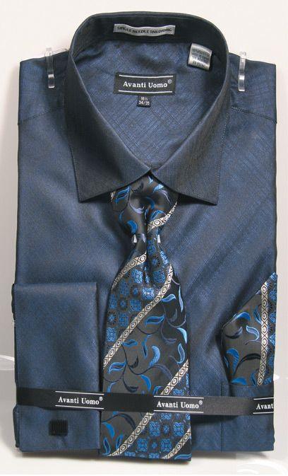 Mens Navy French Cuff Dress Shirt, Tie & Hanky Set by Daniel Ellissa - USA Men's Outlet