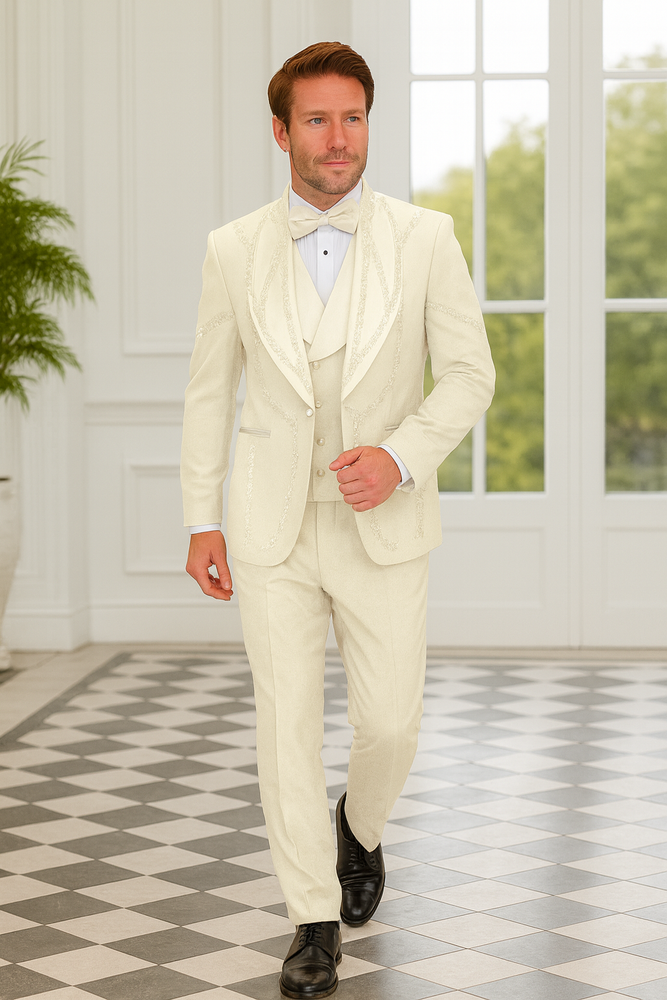 Off White Italian Wool 3-Piece Modern Fit Tuxedo