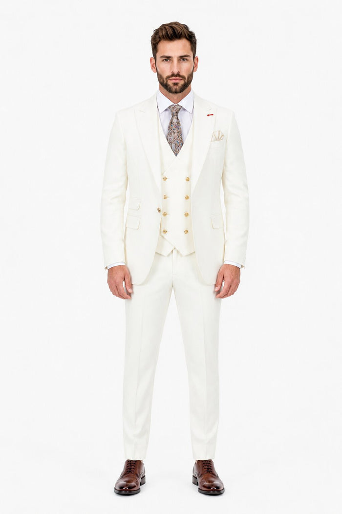 Men's Off White Statement Ticket Pocket Peak Lapel Wool Double Breasted Vest Suit with Gold Buttons – Modern Fit