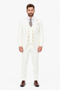 Men's Off White Statement Ticket Pocket Peak Lapel Wool Double Breasted Vest Suit with Gold Buttons – Modern Fit