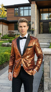Mens Orange Sequin Blazer Tuxedo Dinner Jacket – Shiny Party Dinner Jacket with Black Lapel for Wedding, Prom, Stage Kingsman Jacket