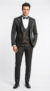 Mens Paisley Black Prom Tuxedo – 3-Piece Wedding Suit with Satin Peak Lapel & Double-Breasted Vest