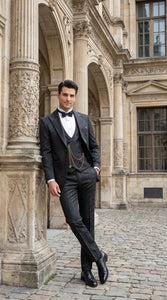 Mens Paisley Black Prom Tuxedo – 3-Piece Wedding Suit with Satin Peak Lapel & Double-Breasted Vest