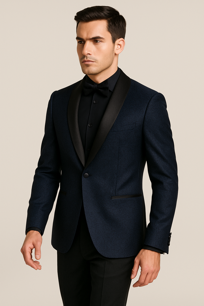 Mens Slim Fit Paisley Shawl Lapel Prom Dinner Jacket Tuxedo Blazer in Navy Blue