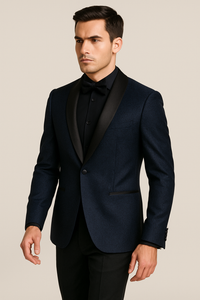 Mens Slim Fit Paisley Shawl Lapel Prom Dinner Jacket Tuxedo Blazer in Navy Blue