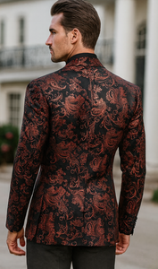Mens Paisley Velvet Foil Smoking Jacket Tuxedo in Red
