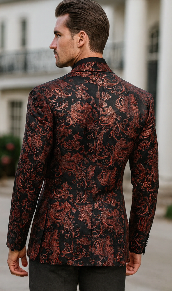 Mens Paisley Velvet Foil Smoking Jacket Tuxedo in Red