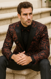 Mens Paisley Velvet Foil Smoking Jacket Tuxedo in Red