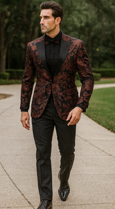 Mens Paisley Velvet Foil Smoking Jacket Tuxedo in Red