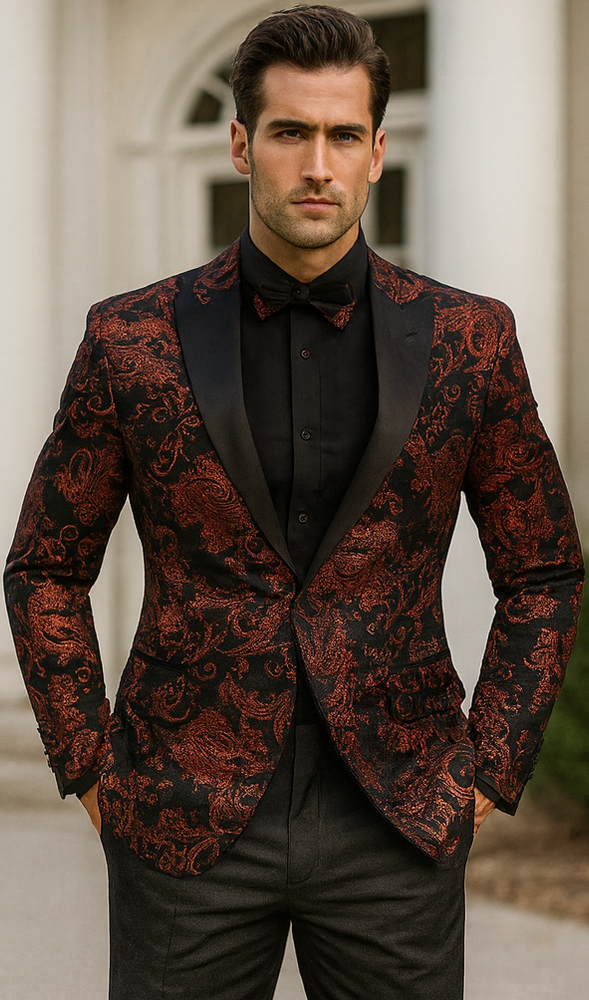 Mens Paisley Velvet Foil Smoking Jacket Tuxedo in Red