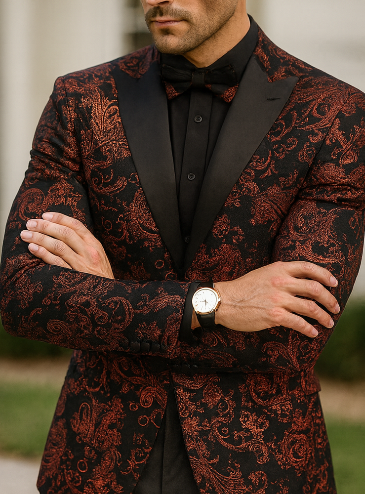 Mens Paisley Velvet Foil Smoking Jacket Tuxedo in Red