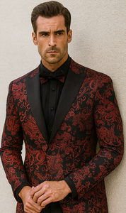 Mens Paisley Velvet Foil Smoking Jacket Tuxedo in Red