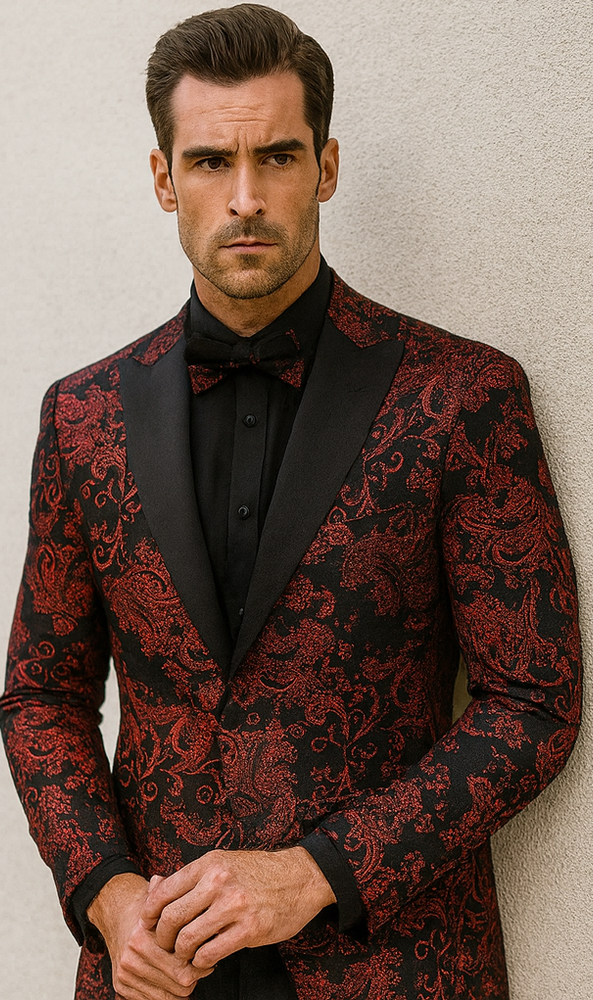 Mens Paisley Velvet Foil Smoking Jacket Tuxedo in Red