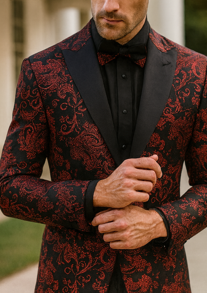 Mens Paisley Velvet Foil Smoking Jacket Tuxedo in Red