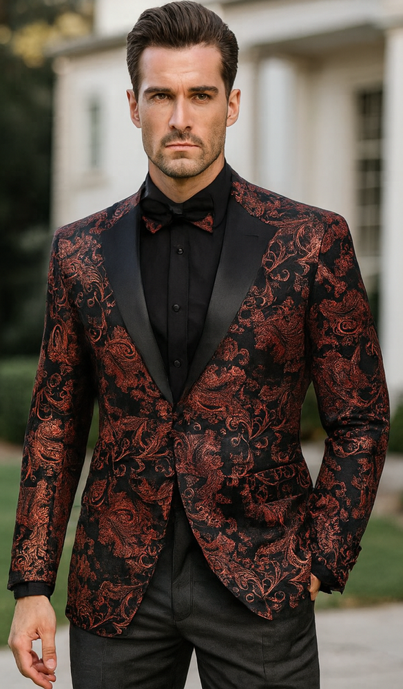 Mens Paisley Velvet Foil Smoking Jacket Tuxedo in Red