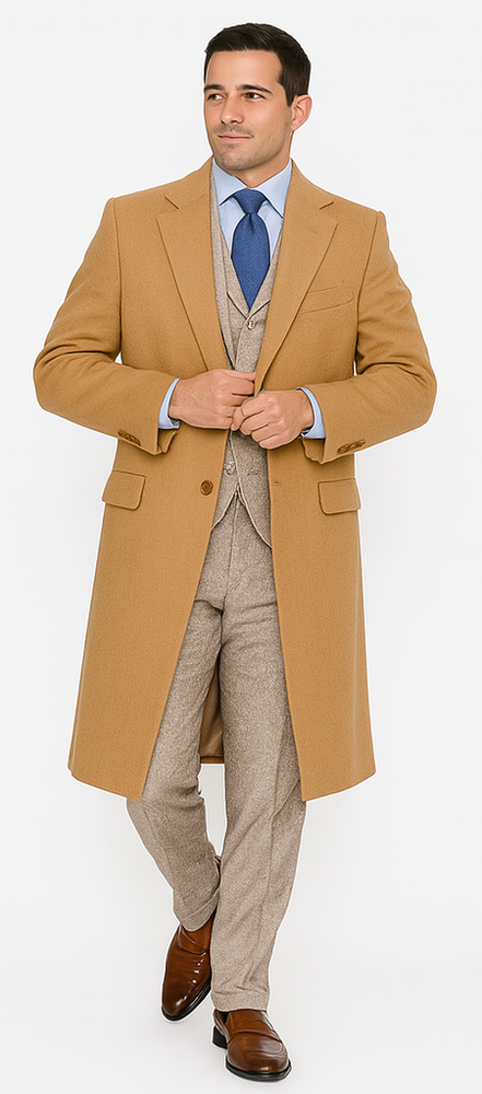Mens Peaky Blinders Costume Thomas Shelby Tweed Light Tan Suit & Camel Overcoat