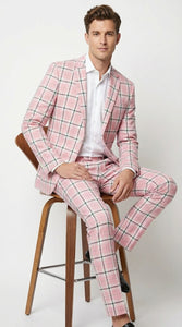 Mens Pink and Black Plaid Designer Suit Set – Stylish Suit with Check Pattern Jacket and Windownpane Summer Color