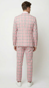 Mens Pink and Black Plaid Designer Suit Set – Stylish Suit with Check Pattern Jacket and Windownpane Summer Color