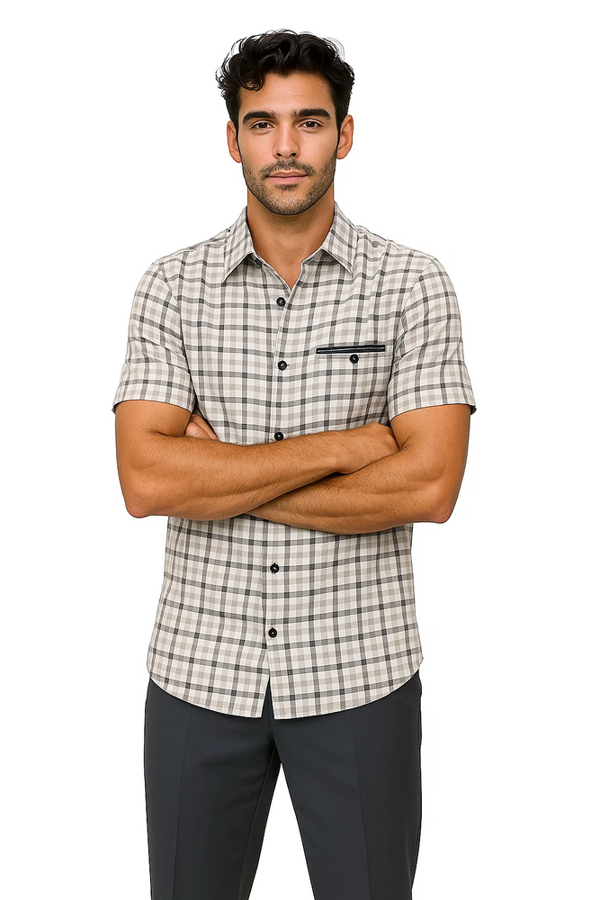 Mens Plaid Walking Suit in grey by Dreams by Zacchi – 2 Piece Leisure Outfit with Matching Shirt and pant - $99