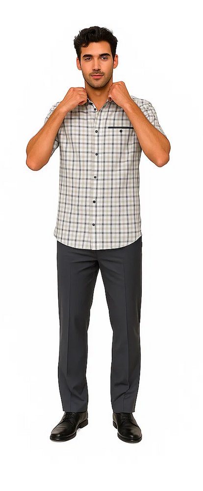 Mens Plaid Walking Suit in grey by Dreams by Zacchi – 2 Piece Leisure Outfit with Matching Shirt and pant - $99