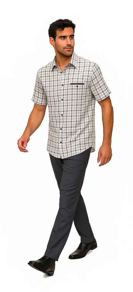 Mens Plaid Walking Suit in grey by Dreams by Zacchi – 2 Piece Leisure Outfit with Matching Shirt and pant - $99