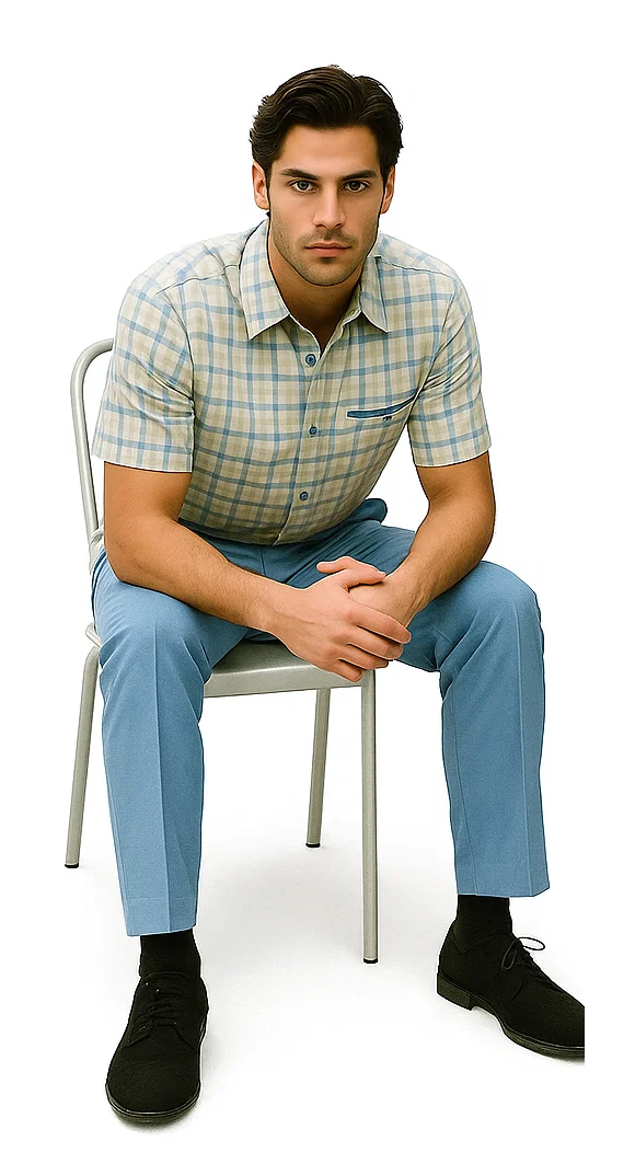Mens Plaid Walking Suit in Powder Blue by Dreams by Zacchi – 2 Piece Leisure Outfit with Matching shirt and pant -$99