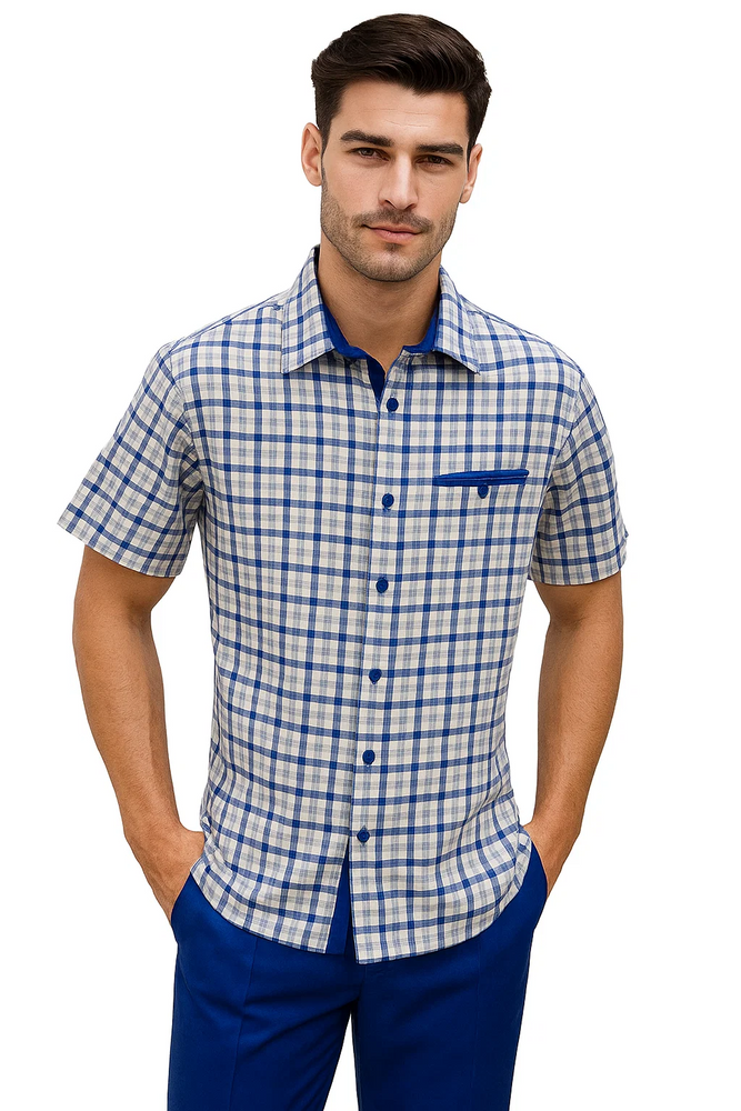 Mens Plaid Walking Suit in royal by Dreams Zacchi – 2 Piece Leisure Outfit with Matching Shirt- $99