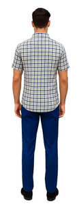 Mens Plaid Walking Suit in royal by Dreams Zacchi – 2 Piece Leisure Outfit with Matching Shirt- $99
