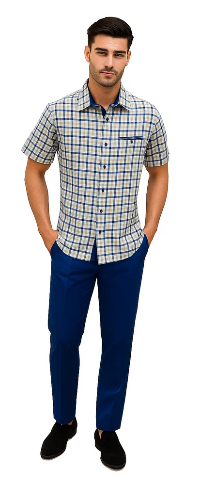 Mens Plaid Walking Suit in royal by Dreams Zacchi – 2 Piece Leisure Outfit with Matching Shirt- $99