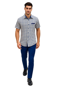 Mens Plaid Walking Suit in royal by Dreams Zacchi – 2 Piece Leisure Outfit with Matching Shirt- $99