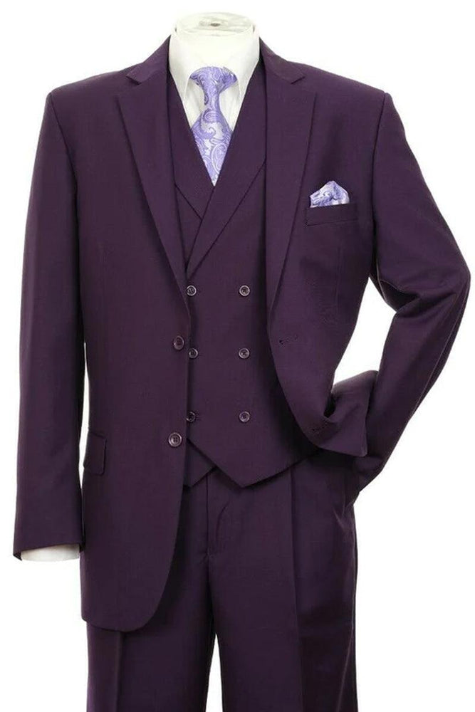 “Mens Purple 2-Btn Pleated Pant Suit w/ Double Breasted Vest: Fortino Landi" - USA Men's Outlet