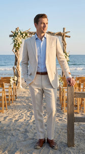 Mens Real ENZO Tovare Linen Spring Summer Suit – Lightweight Breathable Light Beige Wedding Suit