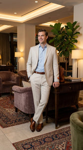 Mens Real ENZO Tovare Linen Spring Summer Suit – Lightweight Breathable Light Beige Wedding Suit