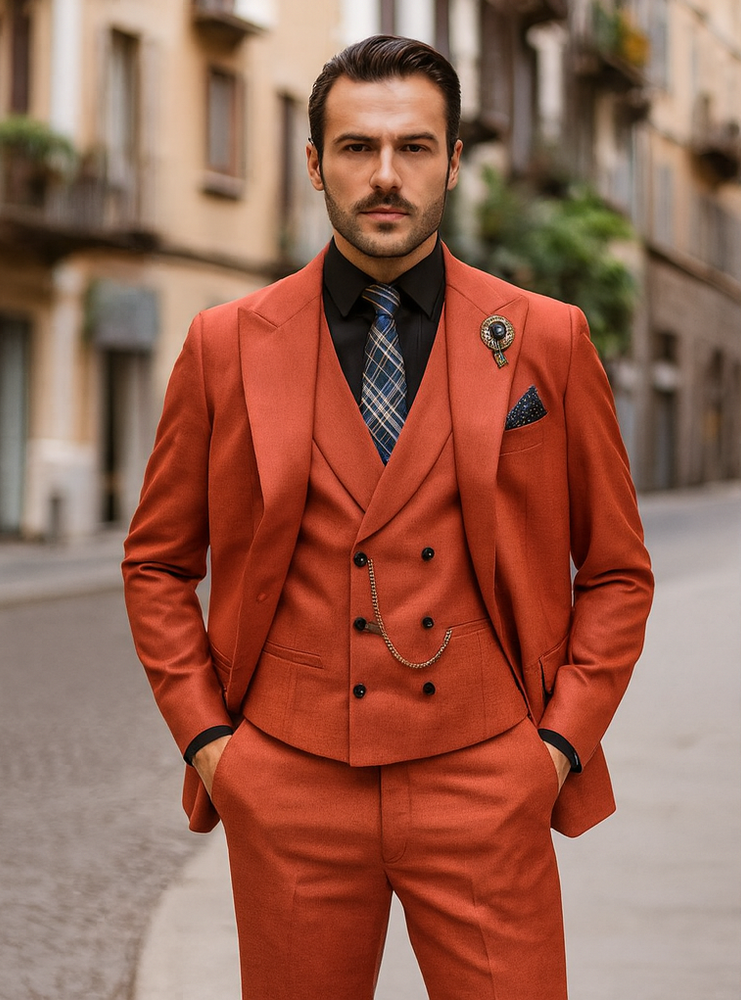 Men’s Classic Red Suit with Chain – Fashionable 3-Piece Ensemble