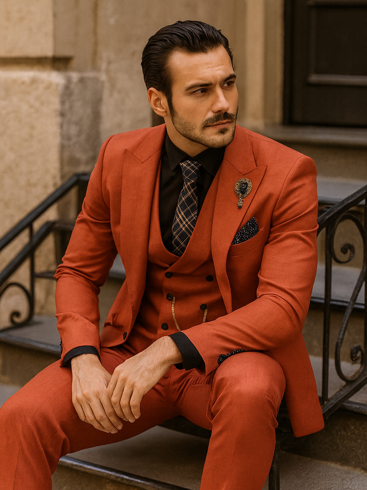 Men’s Classic Red Suit with Chain – Fashionable 3-Piece Ensemble