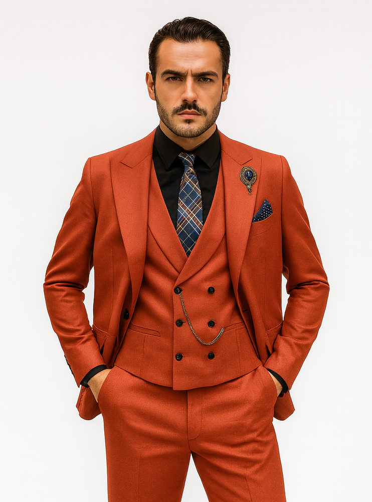 Men’s Classic Red Suit with Chain – Fashionable 3-Piece Ensemble