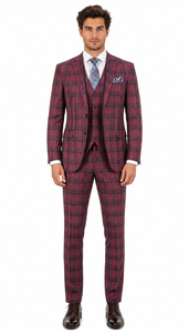 Mens Red Burgundy Plaid 3-Piece Suit – Classic Checkered Modern Fit Suit for Weddings, Church and Formal Events