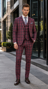 Mens Red Burgundy Plaid 3-Piece Suit – Classic Checkered Modern Fit Suit for Weddings, Church and Formal Events