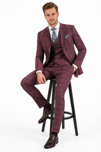 Mens Red Burgundy Plaid 3-Piece Suit – Classic Checkered Modern Fit Suit for Weddings, Church and Formal Events