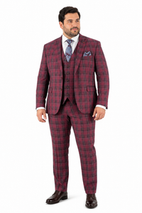 Mens Red Burgundy Plaid 3-Piece Suit – Classic Checkered Modern Fit Suit for Weddings, Church and Formal Events