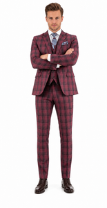 Mens Red Burgundy Plaid 3-Piece Suit – Classic Checkered Modern Fit Suit for Weddings, Church and Formal Events
