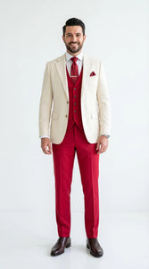 Men's Cream and Red 3 Piece Suit – Cream Blazer, Red Vest Suit and Red Pants