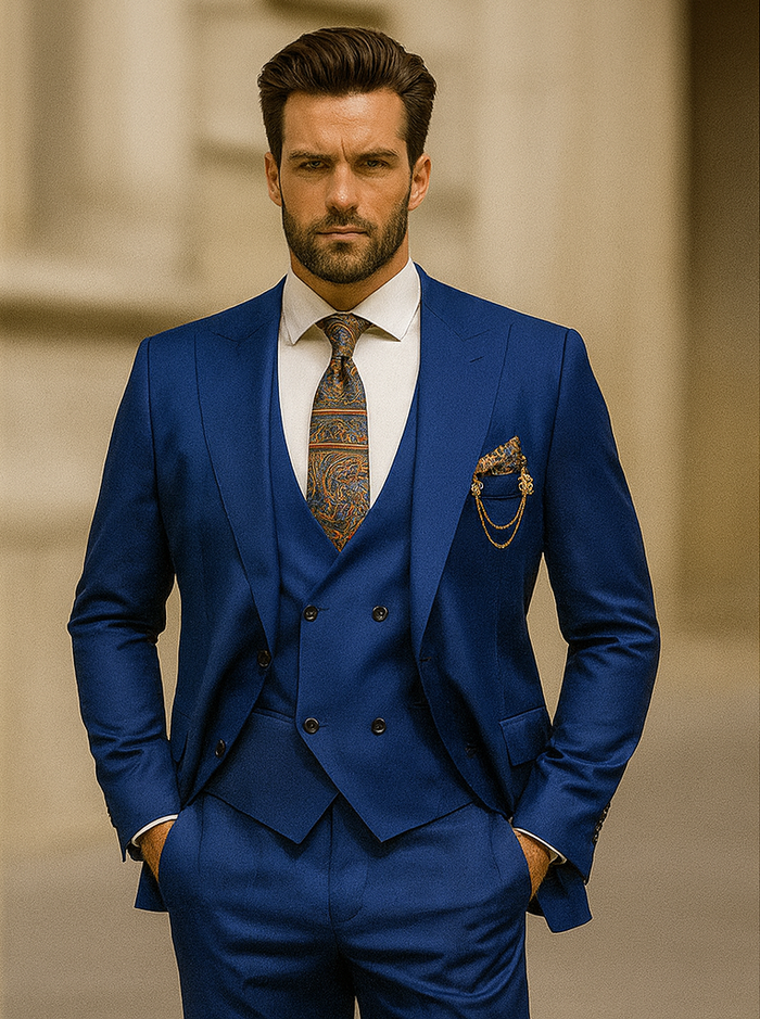 Royal Blue Wedding Suit for Men – 3-Piece Set with Tie & Vest