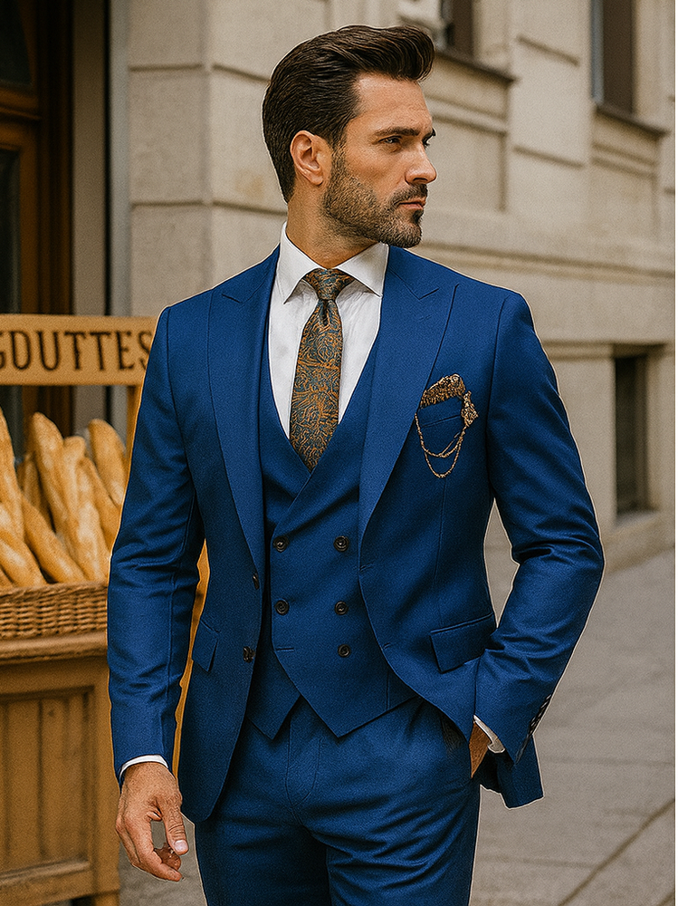 Royal Blue Wedding Suit for Men – 3-Piece Set with Tie & Vest