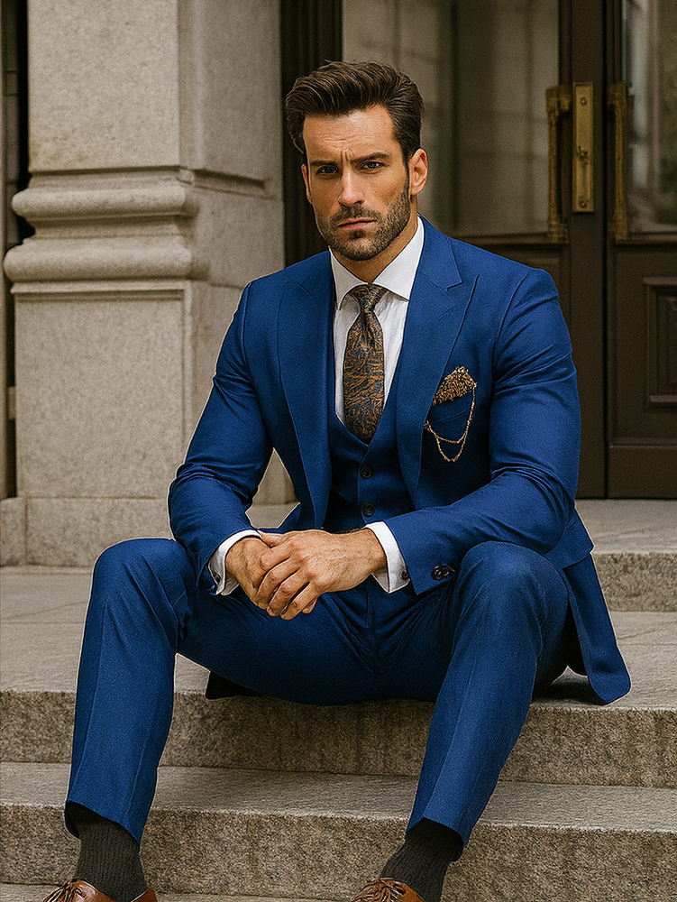 Royal Blue Wedding Suit for Men – 3-Piece Set with Tie & Vest