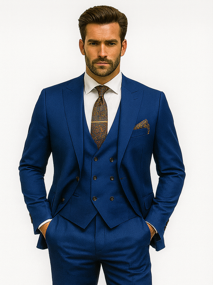 Royal Blue Wedding Suit for Men – 3-Piece Set with Tie & Vest