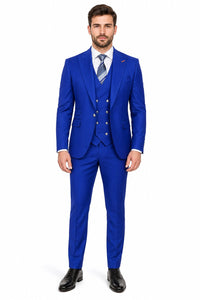 Men's Royal Blue Statement Ticket Pocket Peak Lapel Wool Double Breasted Vest Suit with Silver Buttons – Modern Fit