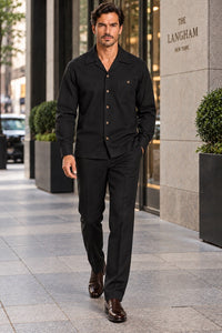 Mens Black Casual Dressy Walking Suit – Long-Sleeve Shirt & Matching Pants