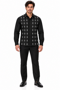 Men’s Black Embroidered Walking Suit – Long Sleeve Shirt & Matching Pants Set