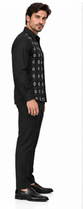 Men’s Black Embroidered Walking Suit – Long Sleeve Shirt & Matching Pants Set